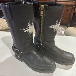 Harley-Davidson Black Leather Harness Motorcycle Boots with Silver Embroidery
